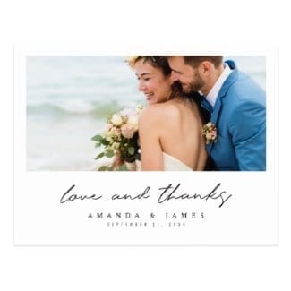 simple modern wedding thank you postcard with photo, white borders and 'lve and thanks' in black script