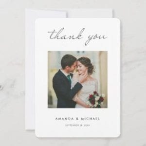 modern minimalist wedding thank you card with photo, white borders and black script