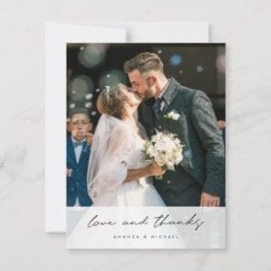 unique wedding thank you card with photo and semitransparent overlay with love and thanks in a modern black script