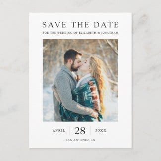 minimalist modern wedding save the date postcard with photo, white borders and black text