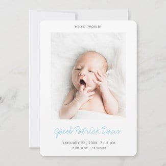 simple modern birth announcement photo card with borders and baby blue script for boy