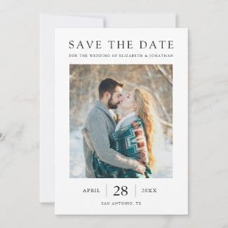 simple elegant wedding save the date invite with photo, white borders and black text