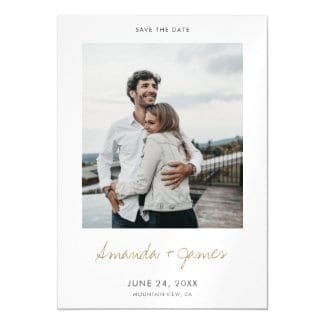 simple modern wedding save the date magnet with photo, names in gold and white borders