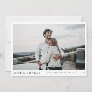 simple wedding thank you card with photo, love and thanks in black and white borders