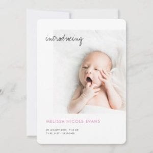simple modern custom baby girl birth annoucement with pink and photo