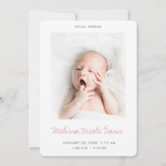 simple modern baby birth announcement card for girl with photo and pink script