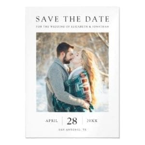 simple modern wedding save the date magnet with photo and white borders with black text