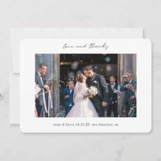 simple modern horizontal 5" x 7" photo wedding love and thanks thank you card with borders and black script