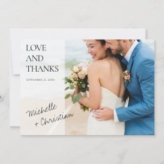 simple modern horizontal weddiing thank you card with love and thanks and first names in black script