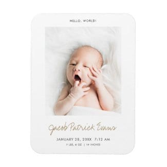 simple modern baby birth announcement magnet with photo and gold script