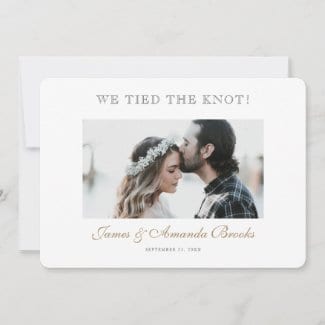 simple modern horizontal photo wedding elopement announcement flat card with gold script