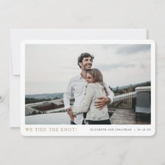 simple modern horizontal elopement wedding announcement card with photo and names in gold