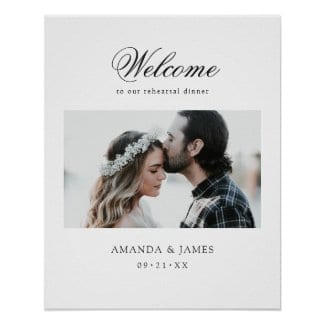 simple modern wedding rehearsal dinner sign with photo and elegant black script