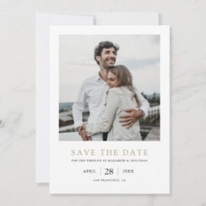 simple modern save the date wedding invite template flat card with gold text and photo
