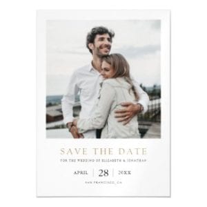 minimalist modern wedding save the date magnetic invitation with gold text and photo