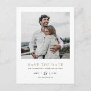 simple modern save the date wedding invitation postcard with photo and gold text