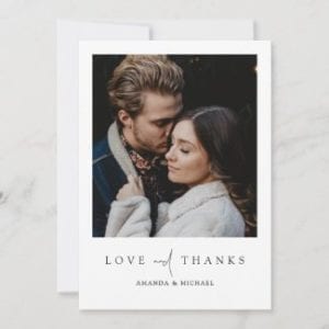 simple modern wedding thank you flat card with love and thanks and photo with borders