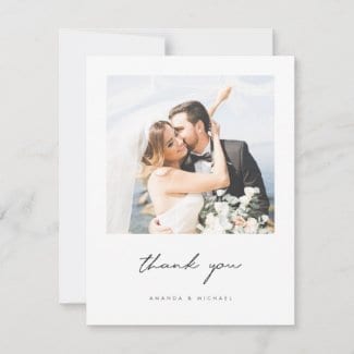 modern minimalist wedding thank you card with black script and photo