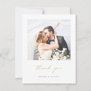 custom wedding thank you flat card with modern gold script and photo