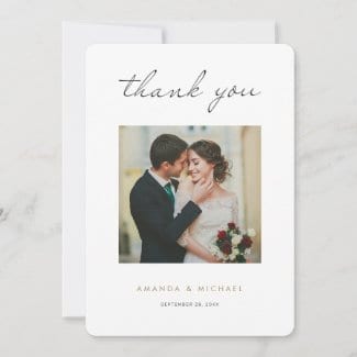 minimalist modern wedding thank you card template with photo and gold text