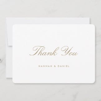 simple custom wedding thank you card with gold script and names