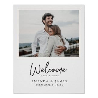 simple modern wedding welcome sign with picture and black script