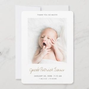 custom new baby gift thank you card with photo and modern gold script