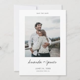simple modern wedding save the date flat card with photo, black script and borders