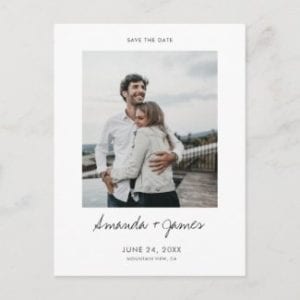 simple photo wedding save the date postcard with black script and borders