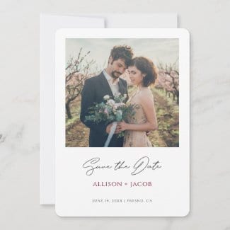 simple modern wedding save the date flat card template with photo, black calligraphy script and names in burgundy