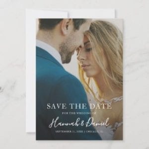 modern photo wedding save the date invite with whimsical white calligraphy script