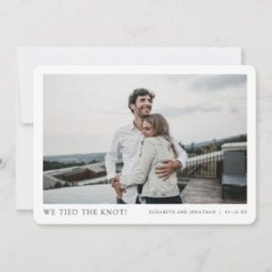 simple modern horizontal wedding elopement card template with we tied the knot text and borders