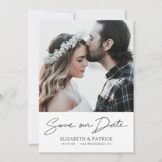 modern minimalist save the date invitation card with photo and 'Save our Date' in handwriting.