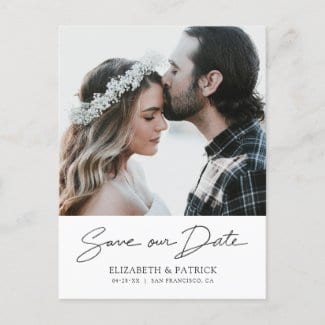 Photo save the date postcard template with 'save our date' in modern black script