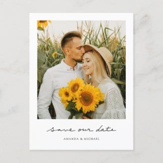 simple modern photo save our date postcard template with borders and a vintage instant photo look.
