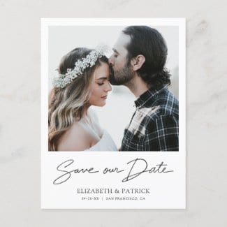 Simple modern wedding save the date postcard template with borders,photo and black 'Save our Date' script.