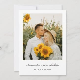 Simple save the date tempplate with save our date text in a handwriting script, photo and modern borders.