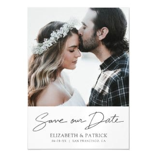 Save the date photo magnet template with modern black handwriting script.