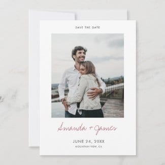 Wedding save the date card template with modern rose gold names script and photo.