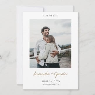 simple modern engagement save the date card template with photo and names in a casual gold script with borders.