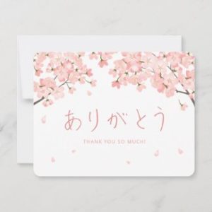 Japanese thank you cards with sakura cherry blossoms and hiragana arigato in a horizontal flat card format.