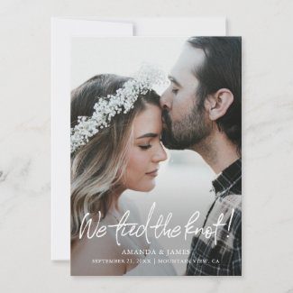 Modern wedding elopement announcements with fill photo in a flat card format with we tied the knot! text in a casual white handwriting script.