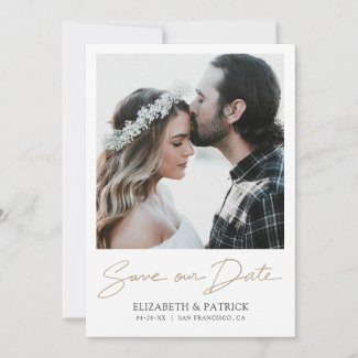 Simple modern photo save the date cards with gold script and photo.