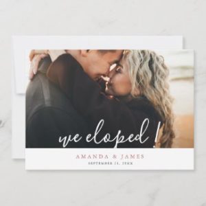 Rose gold elopements announcements with photo in a horizontal format with modern handwriting script.