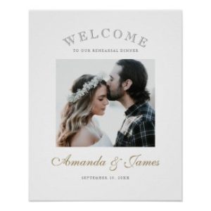 Modern wedding rehearsal dinner welcome sign poster with names in gold script.
