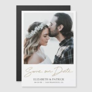 Simple Modern save the date magnet with photo and save our date script in gold.