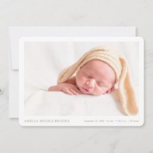 Simple modern baby announcement cards with photo, borders and gold text.