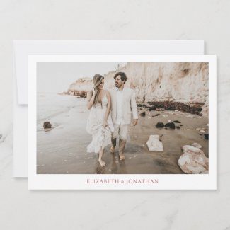 simple save the date invites in flat card format with borders and photo with rose gold text.