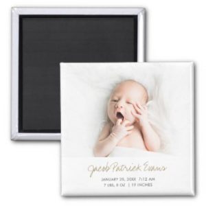 simple modern photo magnet birth annoouncements with gold script for baby boy or girl.