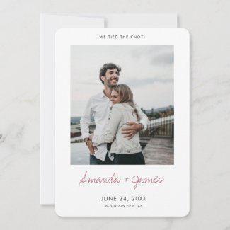 Simple modern photo we tied the knot announcements in flat card format with rose gold script.